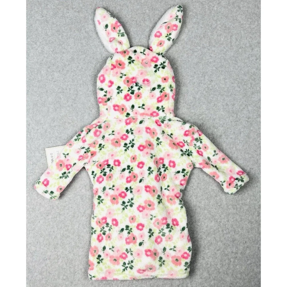 Modern Baby Bathrobe Infant 0-9 Months Pink Floral Plush Hooded Robe NWT